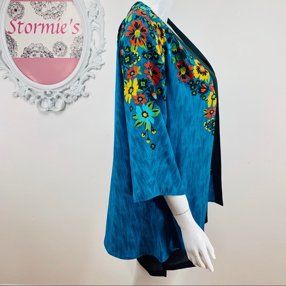 Vintage Bob Mackie / Turquoise Floral with Orange Yellow Black Flowers Kimono - Picture 3 of 8